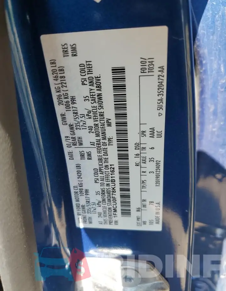 1FMCU0F78KUB11621 Photo# 13