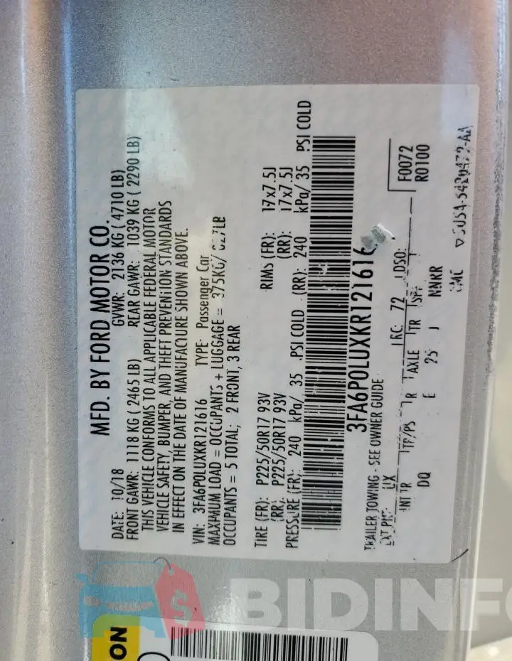 3FA6P0LUXKR121616 Photo# 13