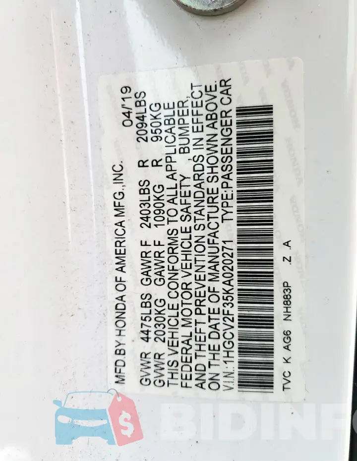 1HGCV2F35KA020271 Photo# 13