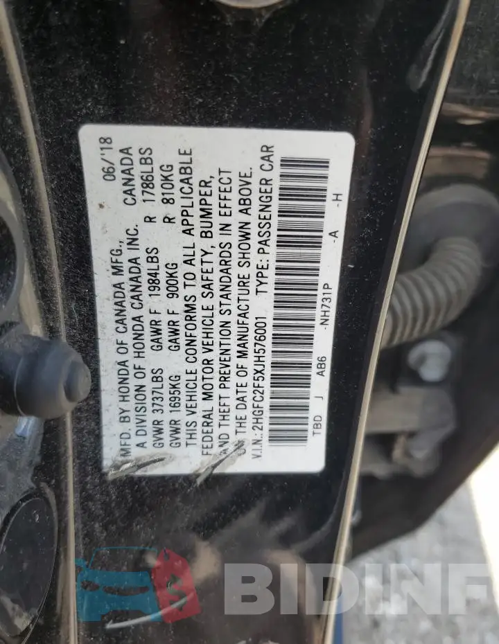 2HGFC2F5XJH576001 Photo# 12