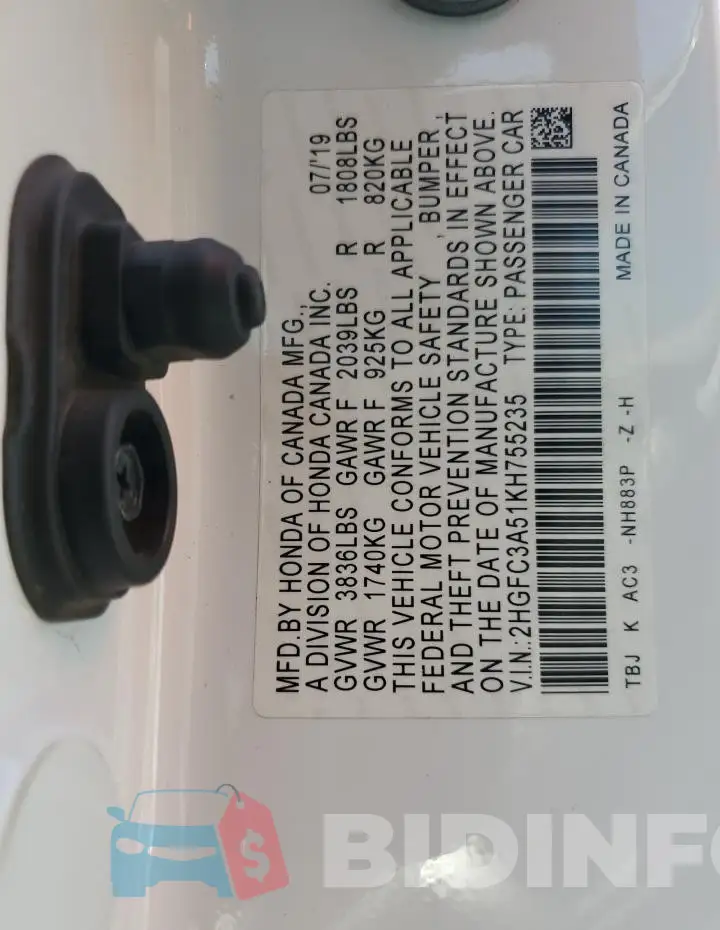 2HGFC3A51KH755235 Photo# 12