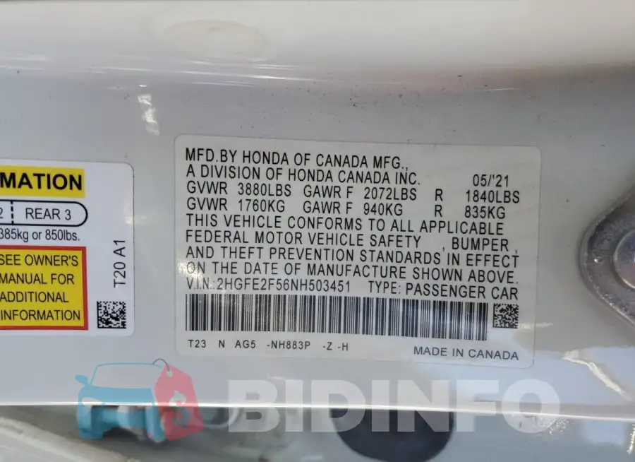 2HGFE2F56NH503451 Photo# 12