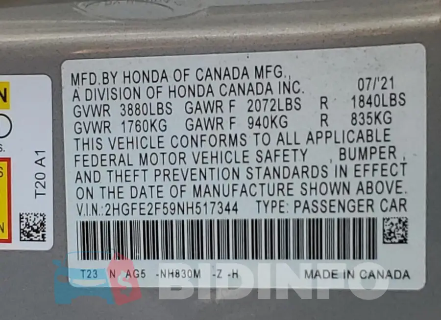 2HGFE2F59NH517344 Photo# 12