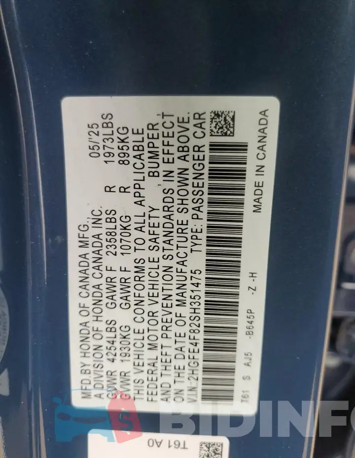 2HGFE4F82SH351475 Photo# 12