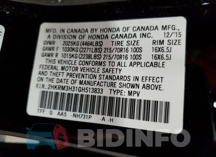 2HKRM3H31GH513833 Photo# 13