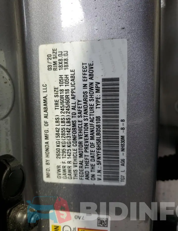 5FNYF6H58LB058108 Photo# 13