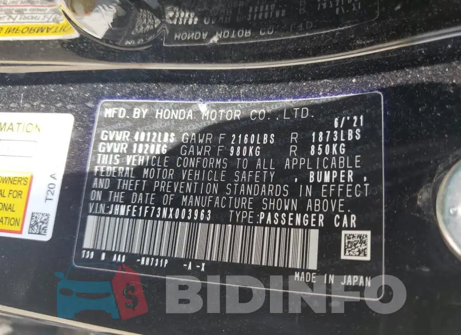 JHMFE1F73NX003963 Photo# 12
