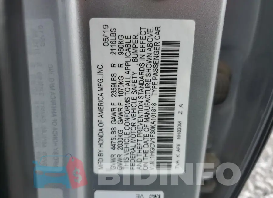 1HGCV1F30KA101818 Photo# 12
