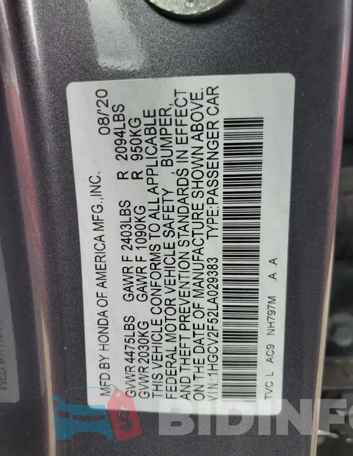 1HGCV2F52LA029383 Photo# 12