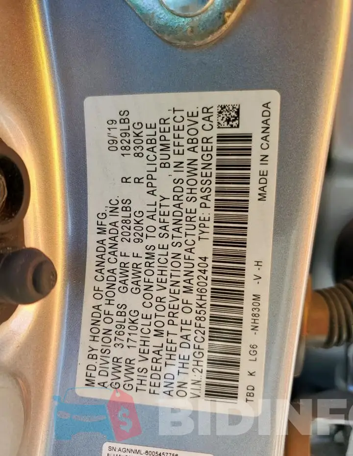 2HGFC2F85KH602404 Photo# 12