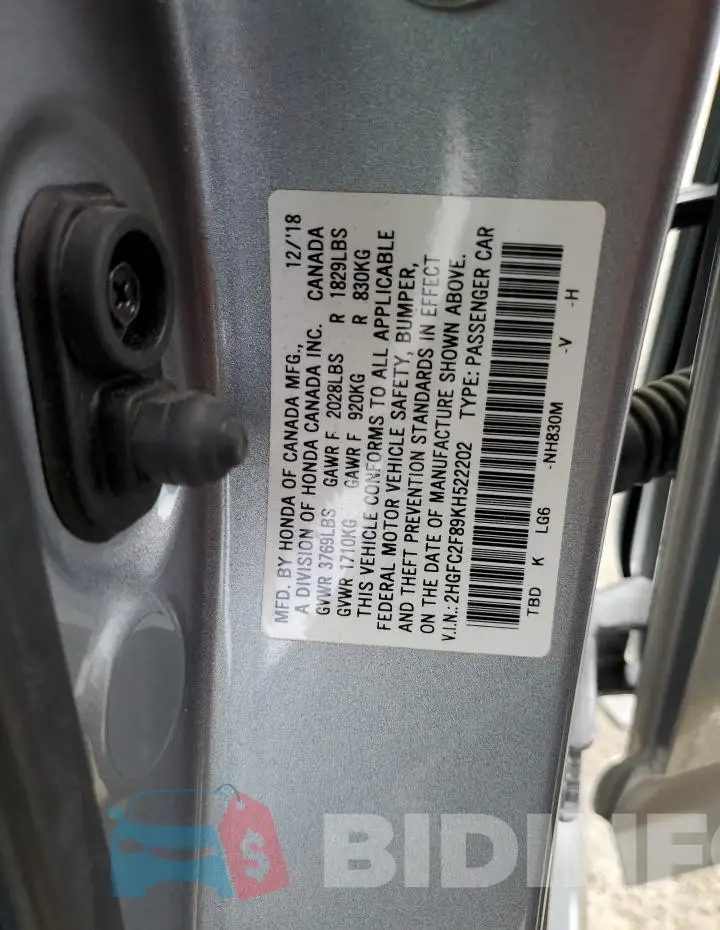 2HGFC2F89KH522202 Photo# 12