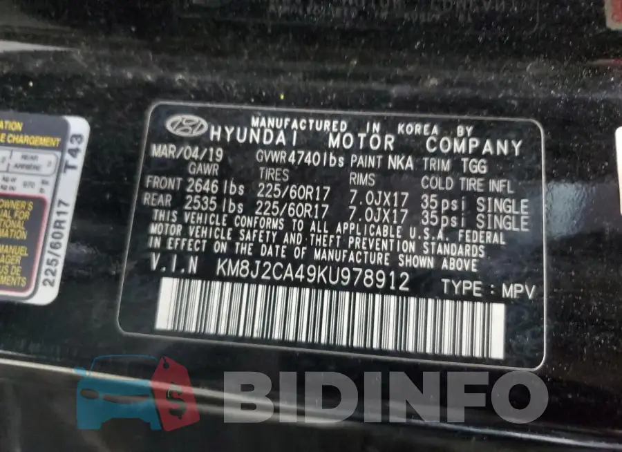 KM8J2CA49KU978912 Photo# 13