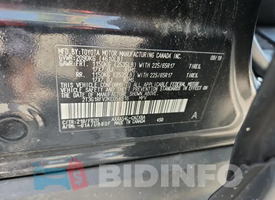 2T3G1RFV2KC054516 Photo# 13