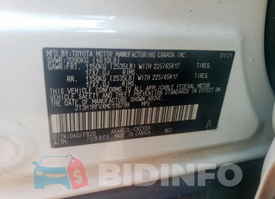 2T3H1RFVXMC116798 Photo# 13