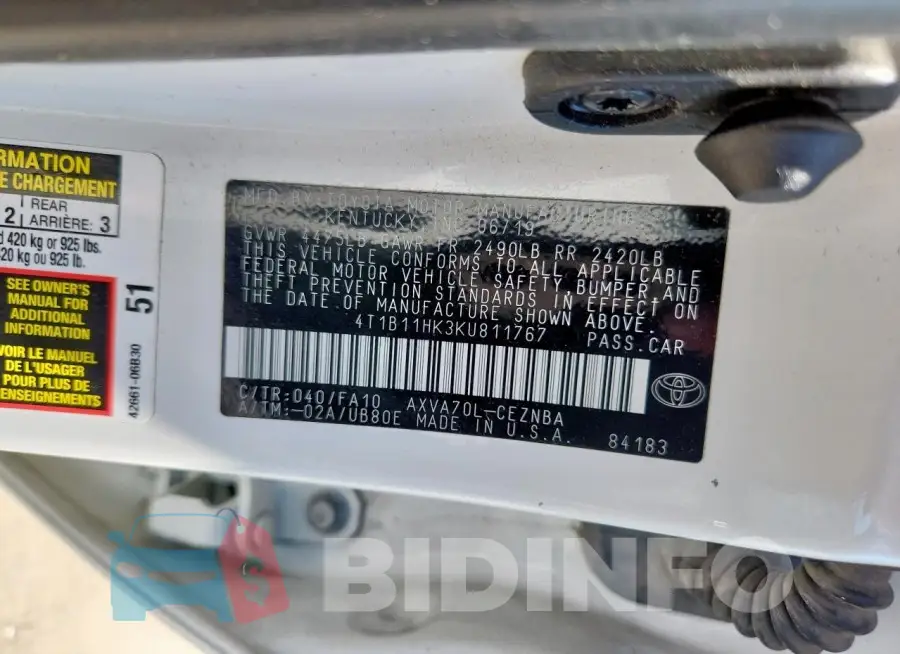 4T1B11HK3KU811767 Photo# 12