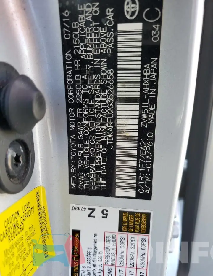 JTDKARFU2G3526658 Photo# 12
