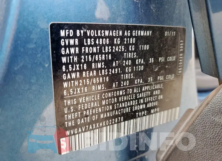 WVGAV7AXXHK022870 Photo# 12