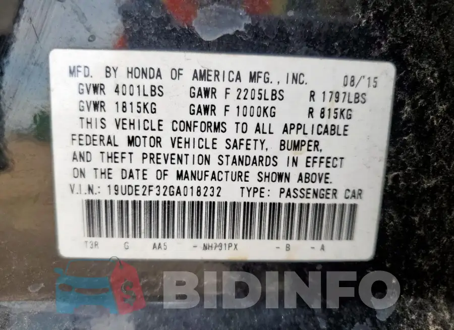 19UDE2F32GA018232 Photo# 12