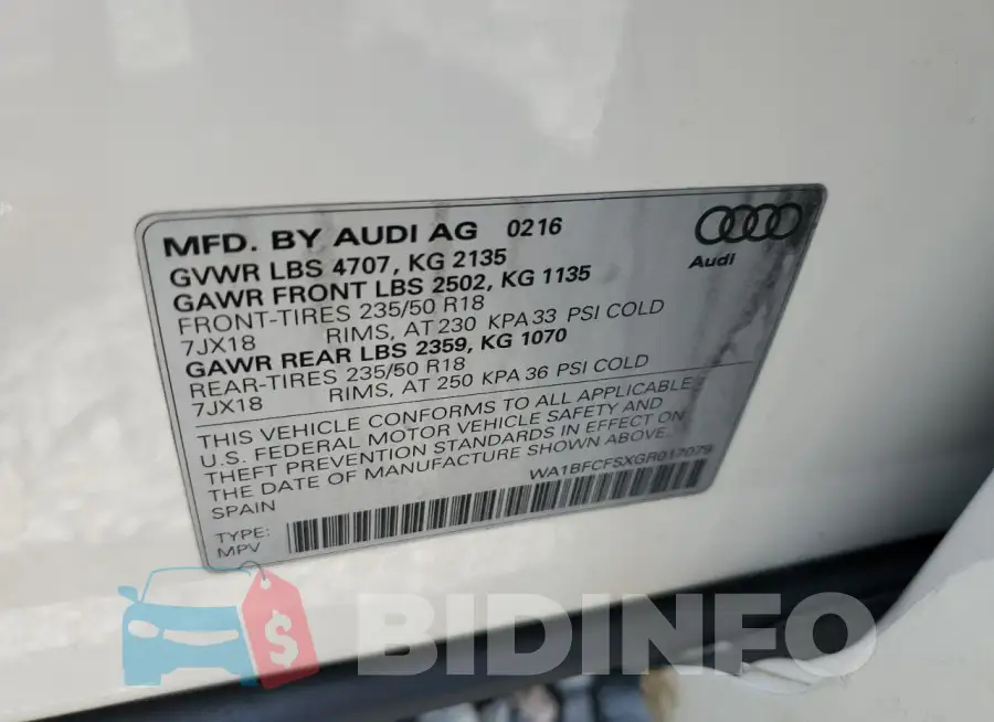 WA1BFCFSXGR017079 Photo# 13