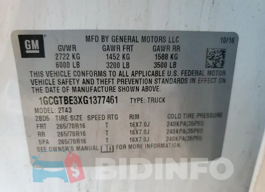 1GCGTBE3XG1377461 Photo# 12
