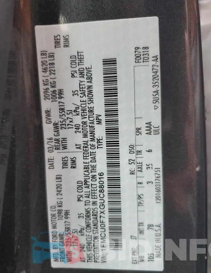 1FMCU0F7XGUC88016 Photo# 12
