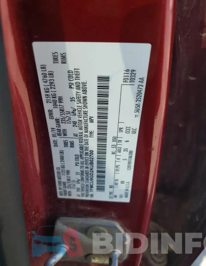1FMCU9GD2KUB02700 Photo# 14