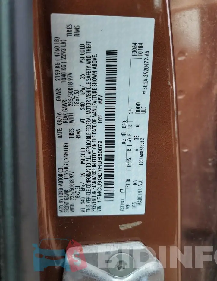 1FMCU9GD7HUB50072 Photo# 12