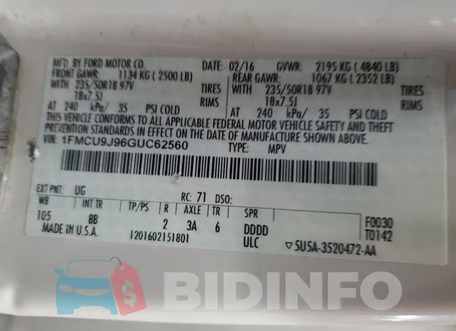 1FMCU9J96GUC62560 Photo# 13