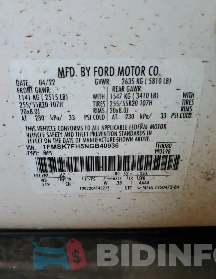 1FMSK7FH5NGB40936 Photo# 14