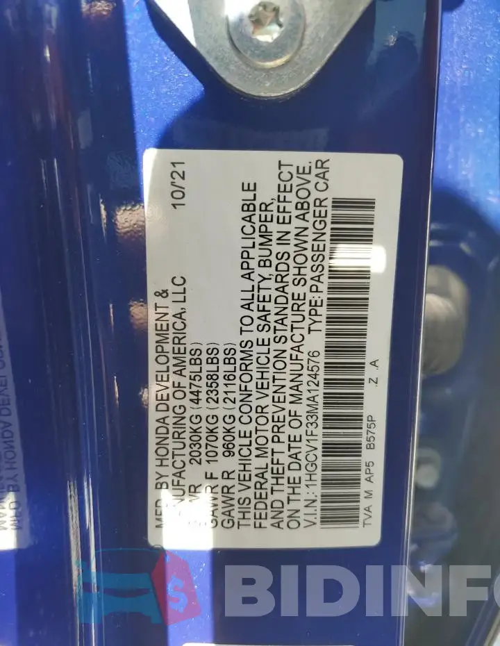 1HGCV1F33MA124576 Photo# 12