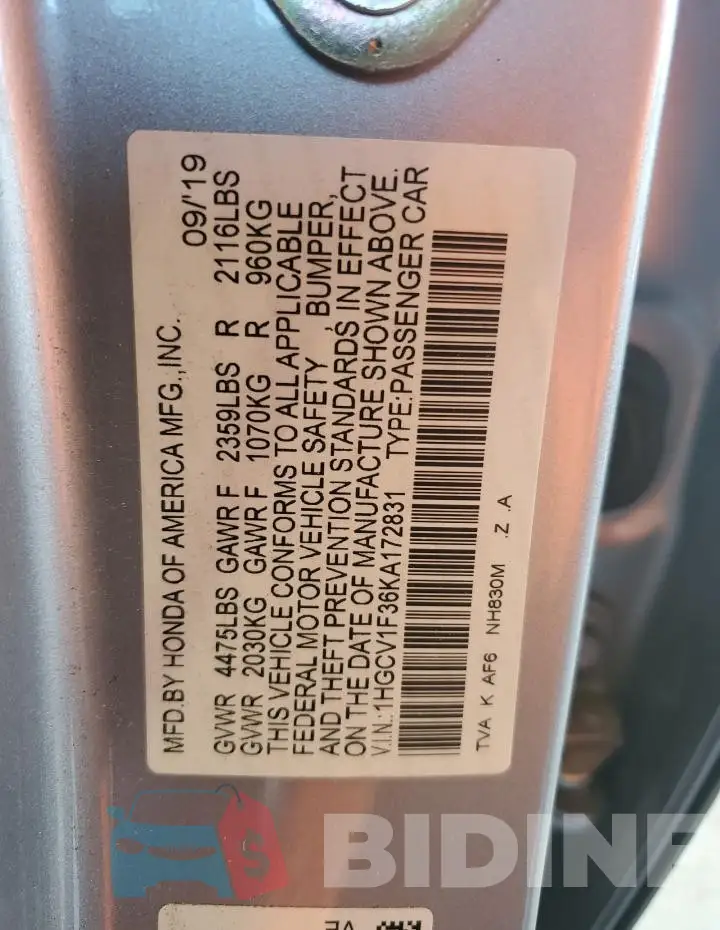 1HGCV1F36KA172831 Photo# 12