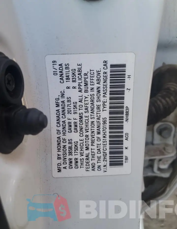 2HGFC1E51KH701965 Photo# 12