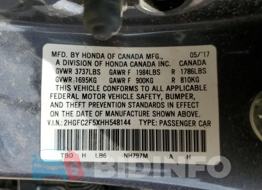 2HGFC2F5XHH548144 Photo# 13