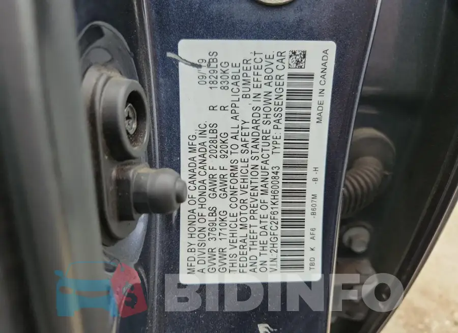 2HGFC2F61KH600843 Photo# 12