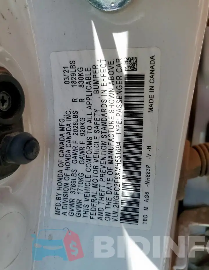 2HGFC2F8XMH551694 Photo# 12