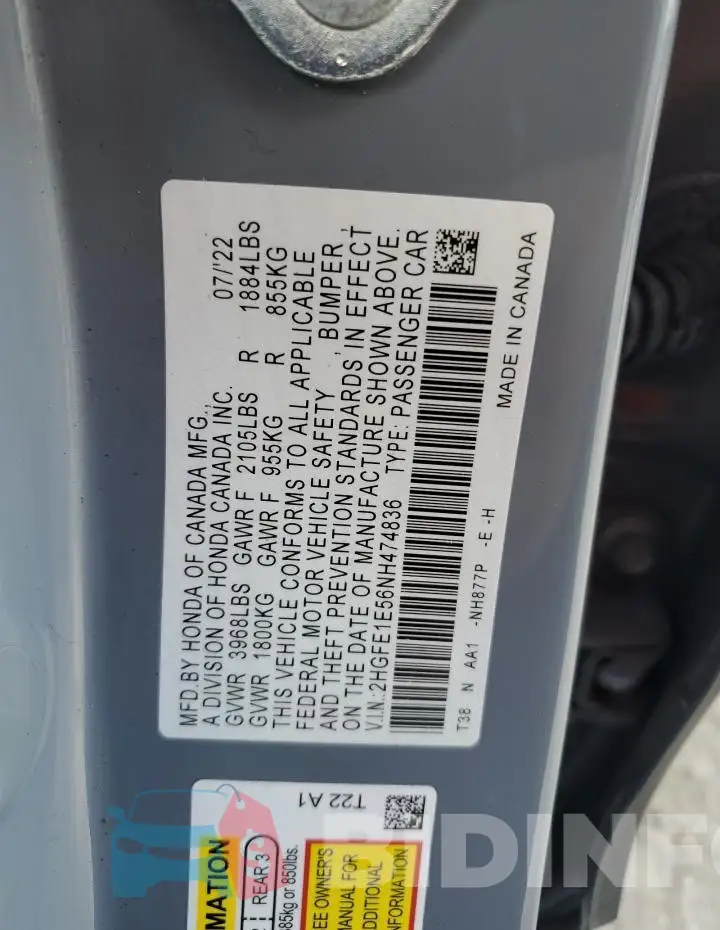 2HGFE1E56NH474836 Photo# 12