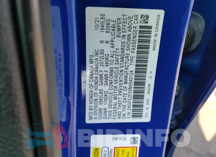 2HGFE2F50NH540124 Photo# 12