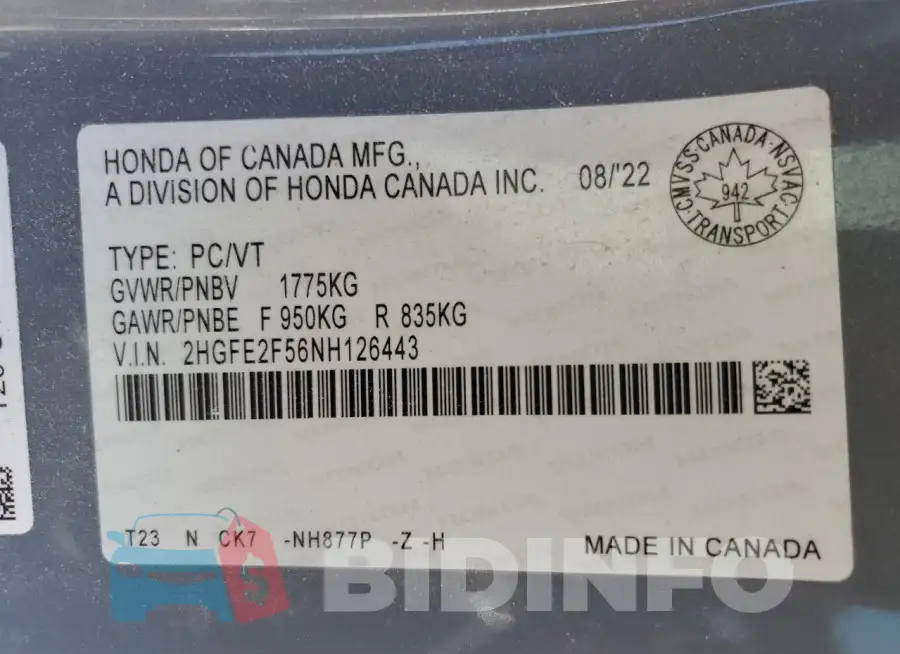 2HGFE2F56NH126443 Photo# 13