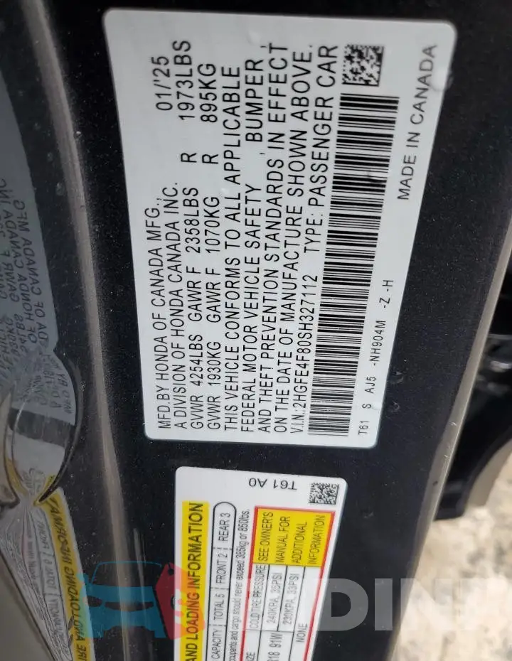 2HGFE4F80SH327112 Photo# 12