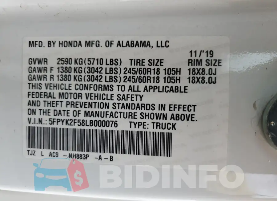 5FPYK2F58LB000076 Photo# 12