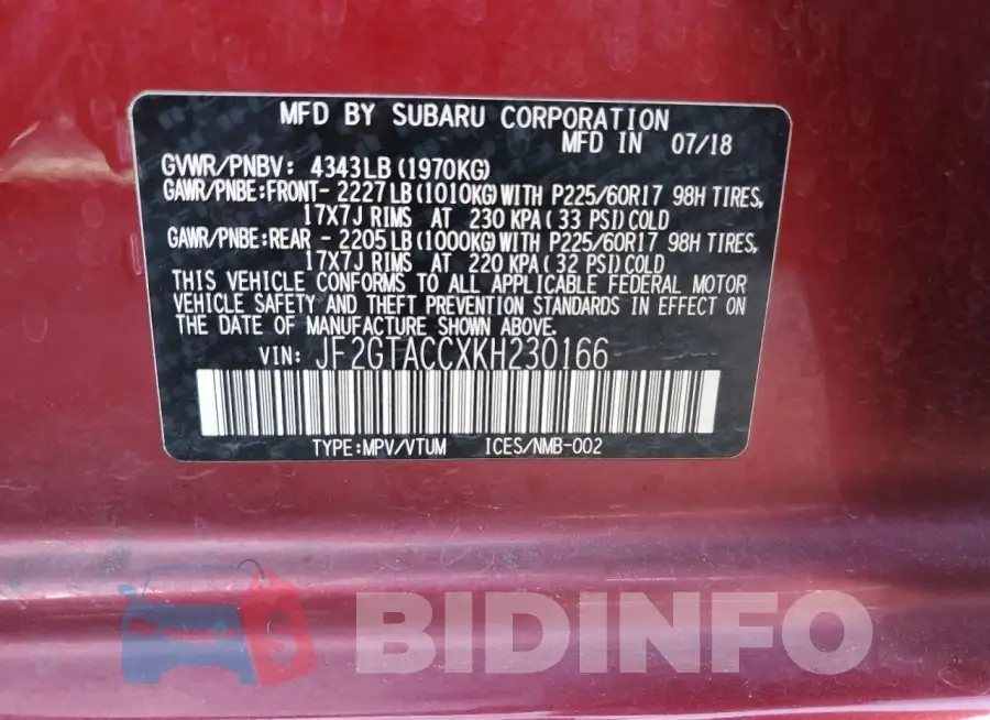 JF2GTACCXKH230166 Photo# 12