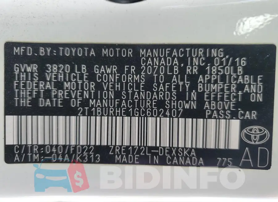 2T1BURHE1GC602407 Photo# 12