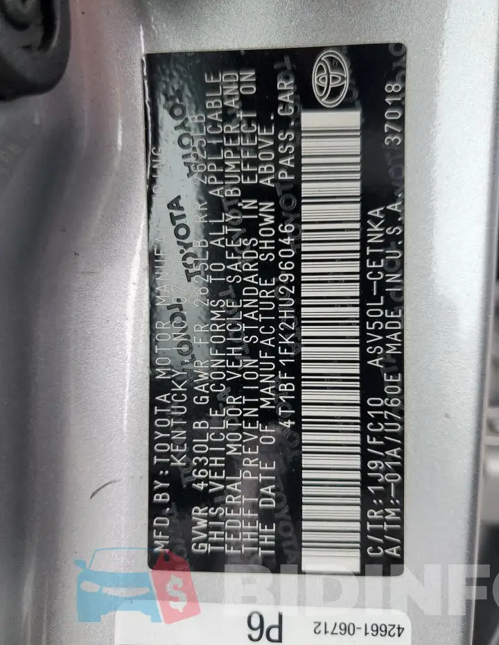 4T1BF1FK2HU296046 Photo# 12