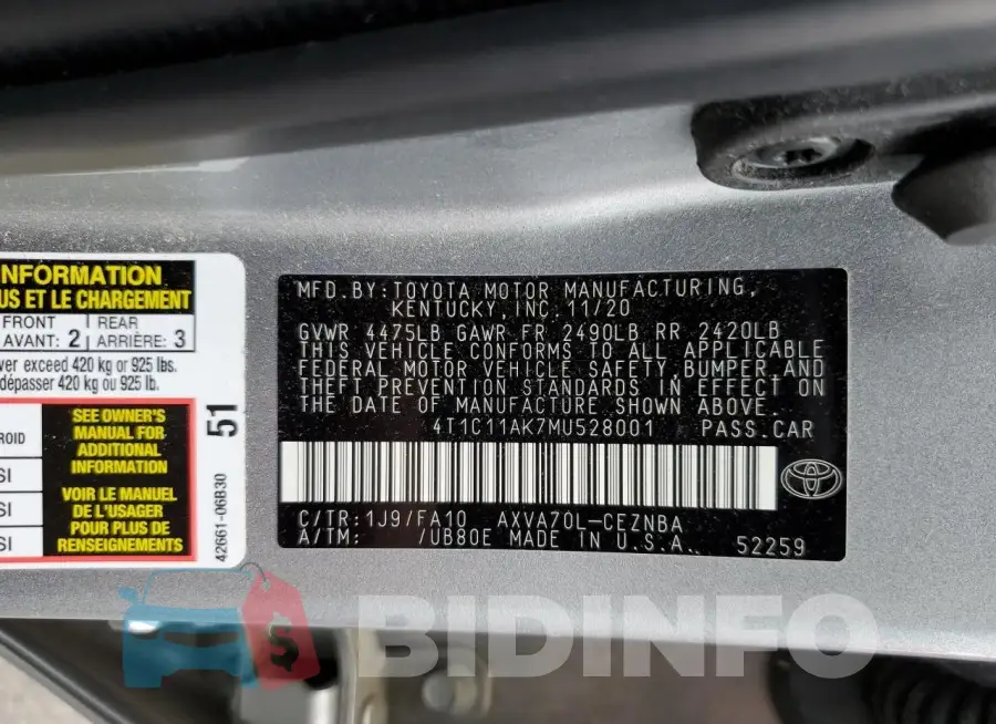 4T1C11AK7MU528001 Photo# 12