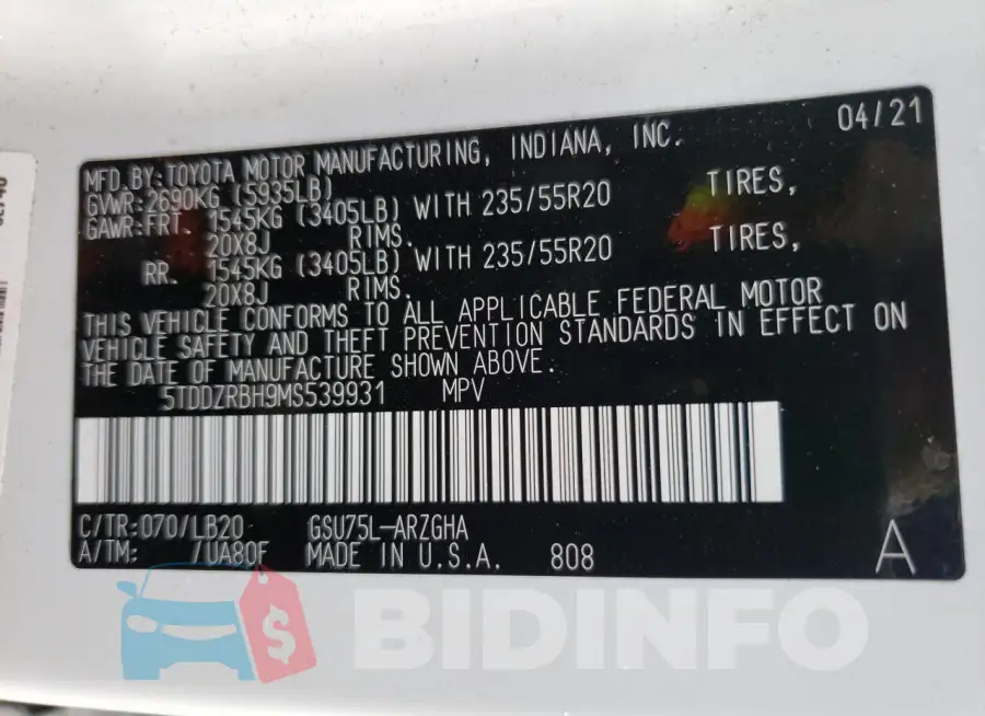 5TDDZRBH9MS539931 Photo# 14