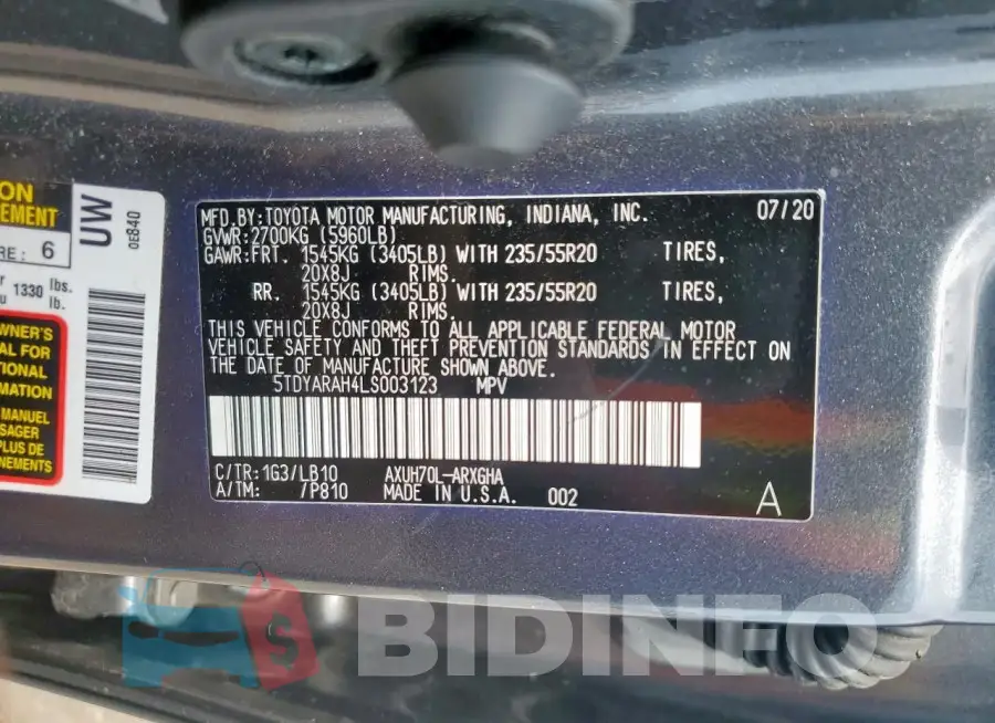5TDYARAH4LS003123 Photo# 13