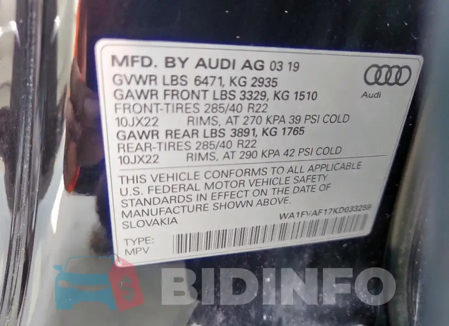 WA1FVAF17KD033259 Photo# 13