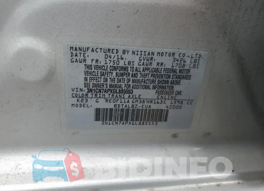 3N1CN7APXGL885553 Photo# 12