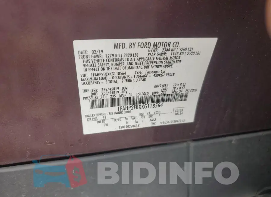1FAHP2F8XKG118564 Photo# 12
