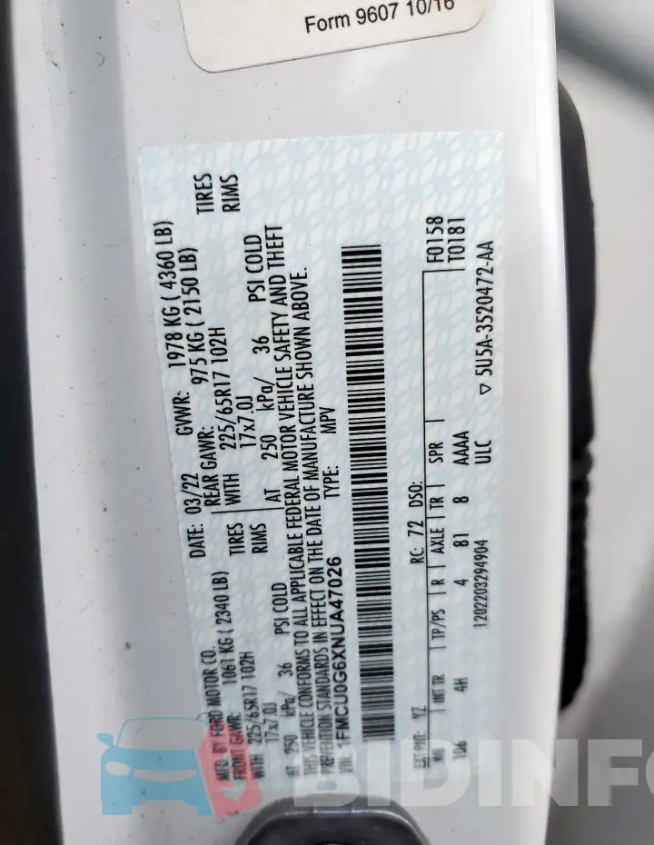 1FMCU0G6XNUA47026 Photo# 14